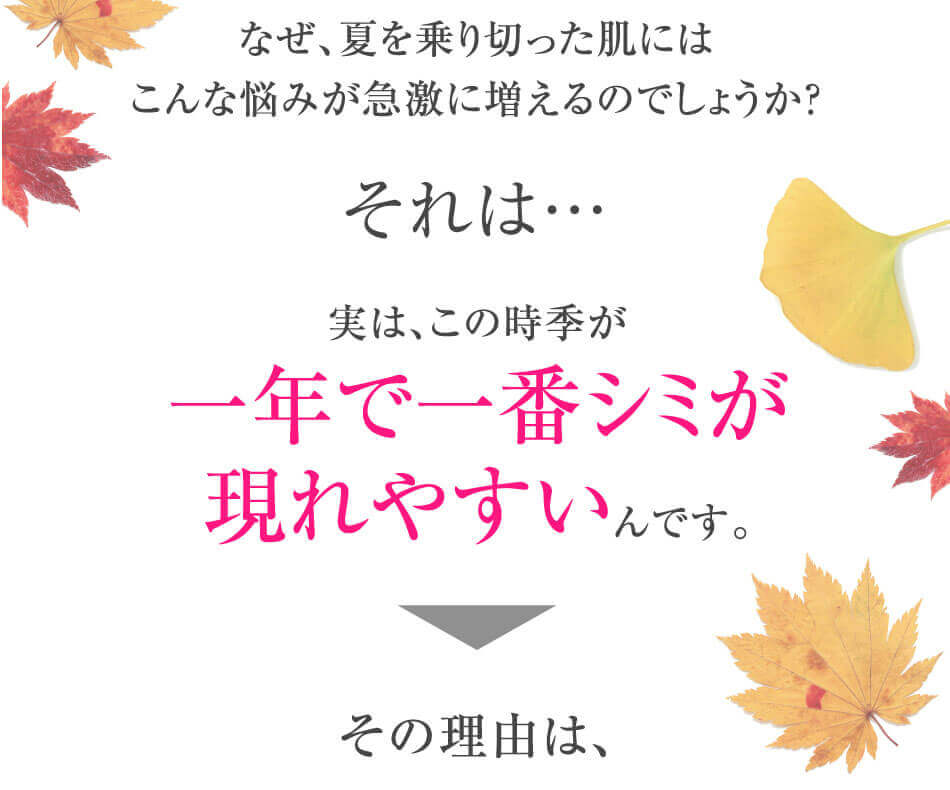 なぜ、夏を乗り切った肌にはこんな悩みが急激に増えるのでしょうか?それは…実は、この時季が一年で一番シミが現れやすいんです!その理由は、