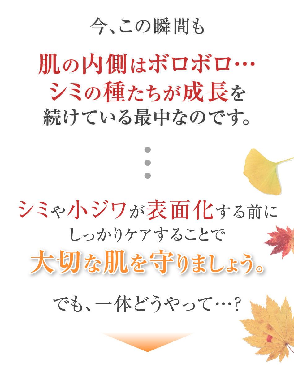 今、この瞬間も肌の内側はボロボロ…シミの種たちが成長を続けている最中なのです。シミや小ジワが表面化する前にしっかりケアすることで若々しい肌を守りましょう。でも、一体どうやって…?