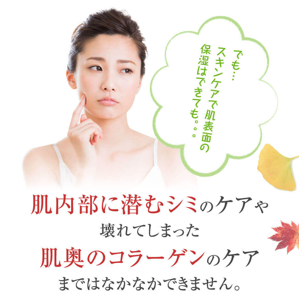 でも…スキンケアで肌表面の保湿はできても…肌内部に潜むシミのケアや壊れてしまった肌奥のコラーゲンのケアまではなかなかできません。