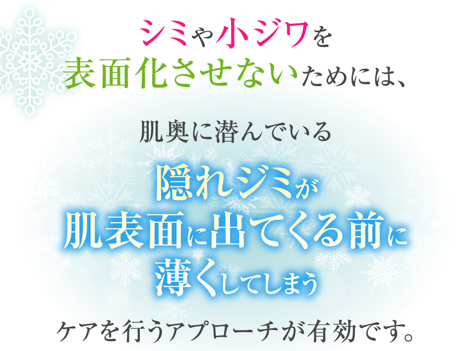 シミや小ジワを表面化させないためには、肌奥に潜んでいる隠れジミが肌表面に出てくる前に薄くしてしまうケアを行うアプローチが有効です。
