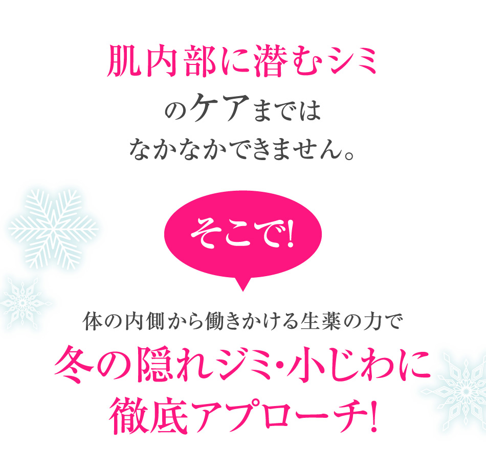 肌内部に潜むシミのケアまではなかなかできません。そこで!体の内側から働きかける生薬の力で冬の隠れジミ・小じわに徹底アプローチ!